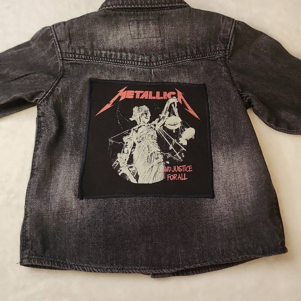 Metallica Upcycle on a H&M L.O.G.G. Black Denim Snap Front shirt size 4-6 months
